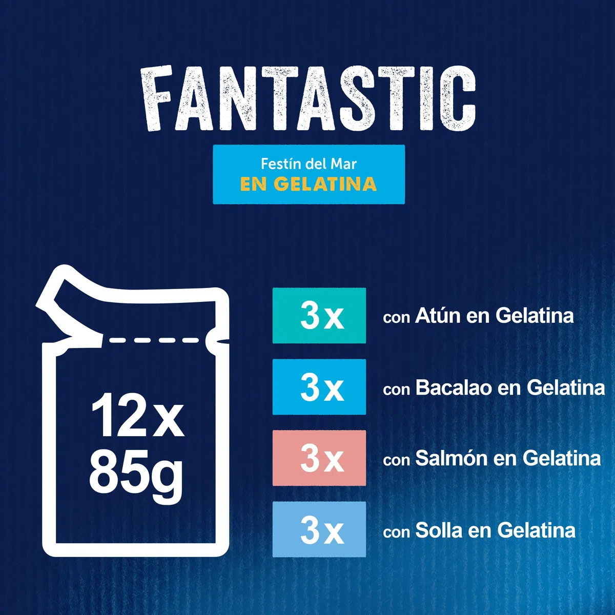 FELIX Fantastic, Comida Húmeda para Gato Adulto, Gelatina, Surtido de Atún, Salmón, Bacalao y Solla, 6 Packs de 12 Sobres de 85 g. (72 Sobres)