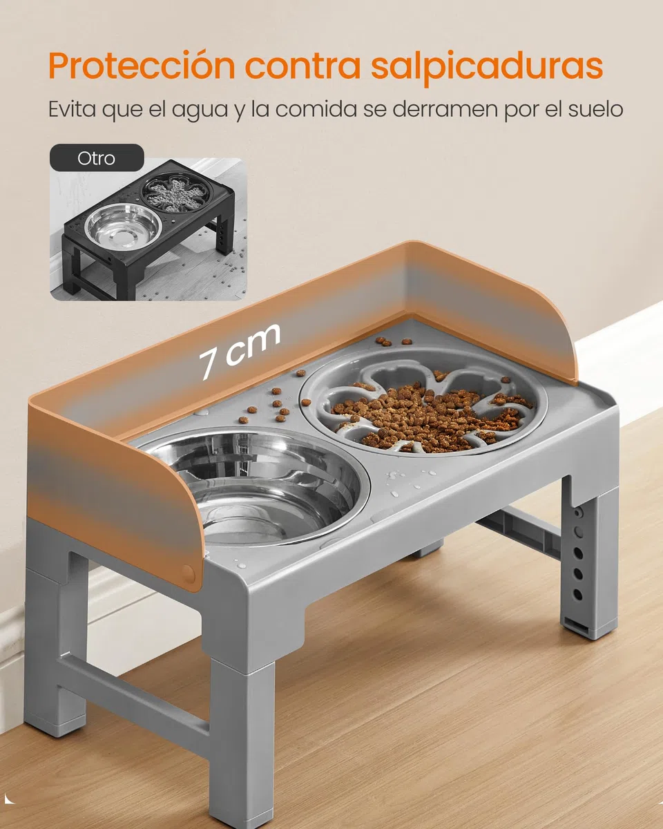 Feandrea Comedero Elevado para Perros con Soporte, 1 Comedero Lento y 2 Comederos de Acero Inoxidable 304, Altura Ajustable y Diseño Inclinado, Gris Paloma PRB103GD01