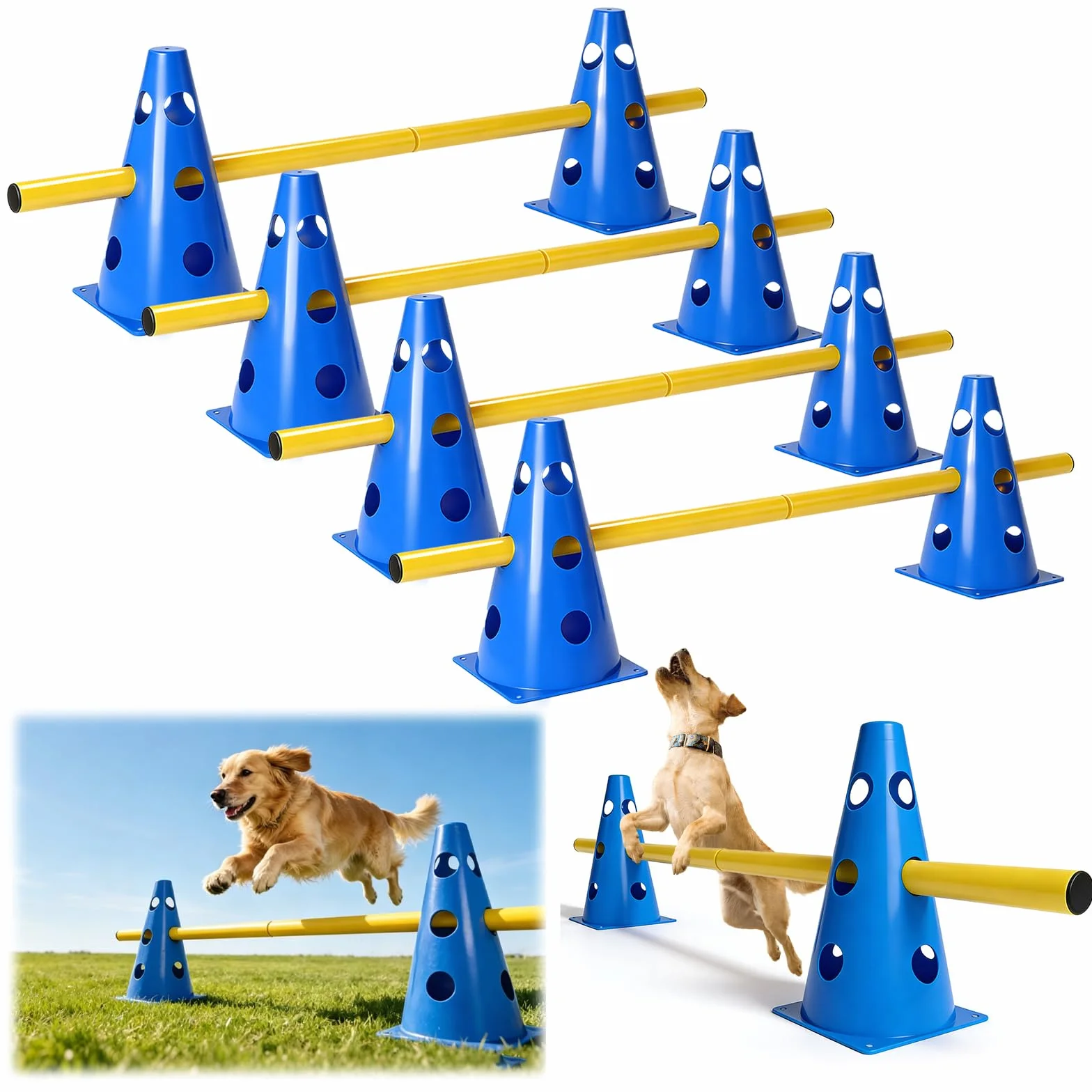 Juego de Agilidad práctico Juego de obstáculos para Perros Grandes Cavaletti, Juego de obstáculos, Ajustables, Conos para fútbol, Deportes de Perros, Deportes de equitación (8 Conos de 23