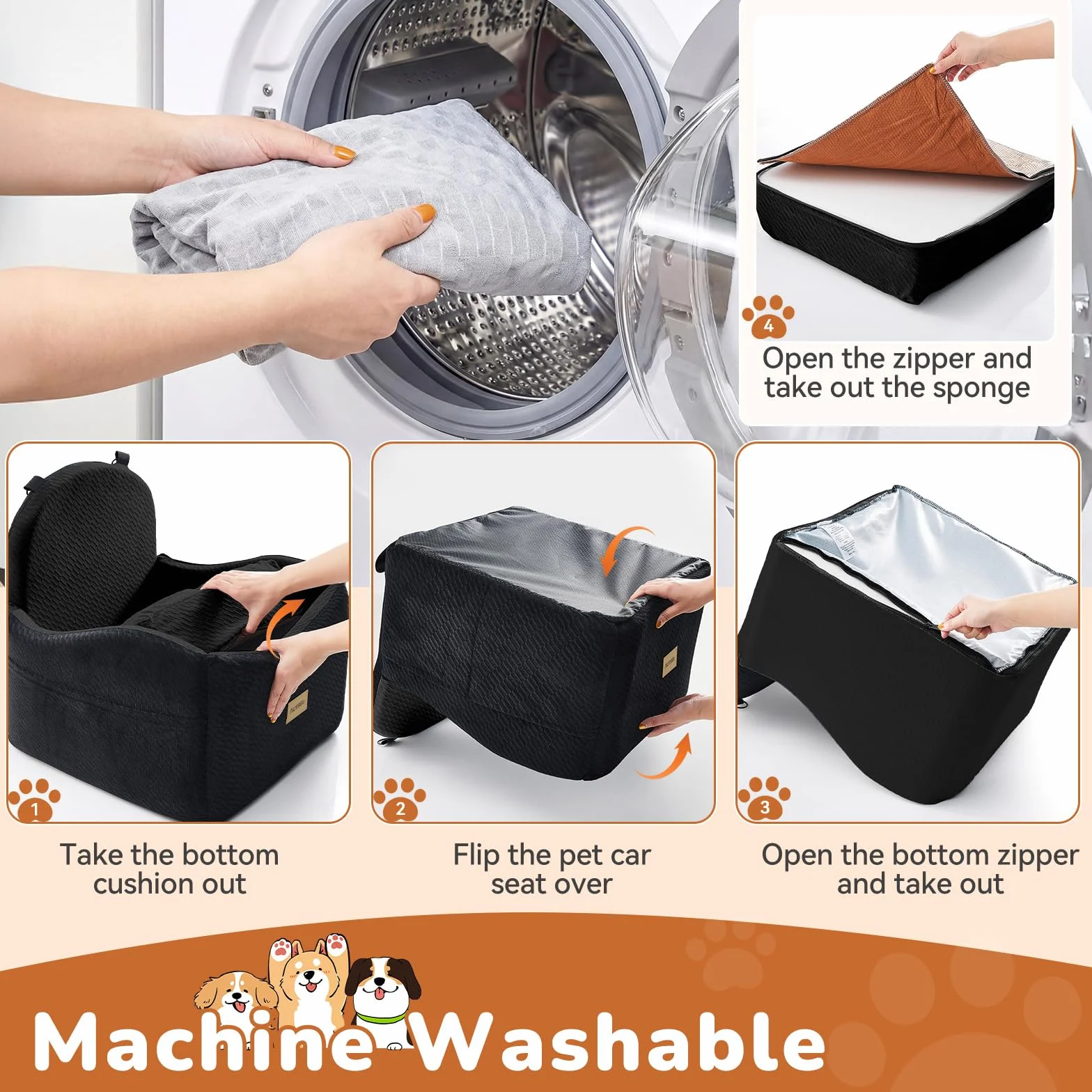 Asiento de Coche para Perros Medianos y Pequeños – Elevador Impermeable y Lavable con Arnés, Bolsillos y Base Antideslizante, para Asiento Trasero o Delantero, Negro