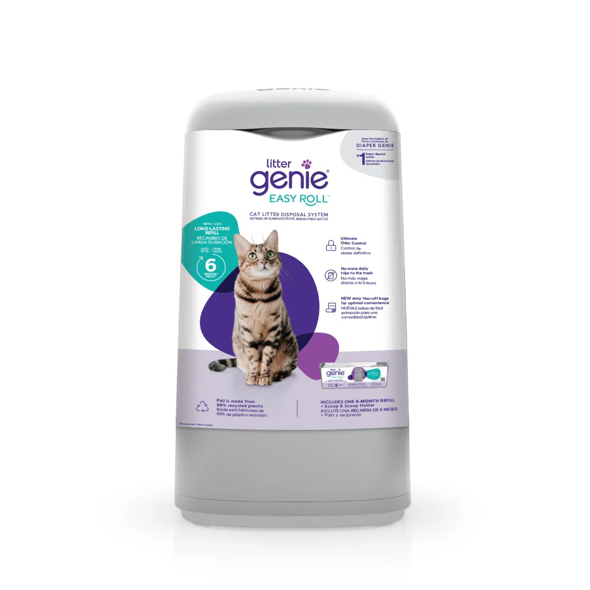 Litter Genie Easy Roll Pail, Sistema de eliminación de Arena para Gatos, Control de olores definitivo, Limpieza sin Esfuerzo, Incluye 1 Recambio con 12 Bolsas (3 Meses)
