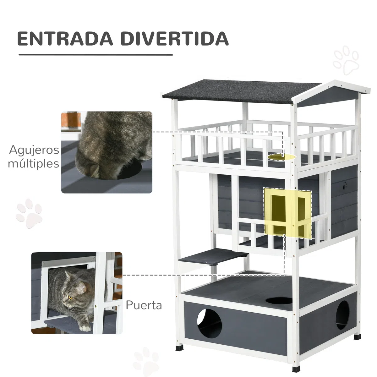 Pawhut Casa para gatos de madera de abeto con gran espacio de 4 niveles y espacio extraíble para arena, 78 x 76 x 140 cm, gris y blanco