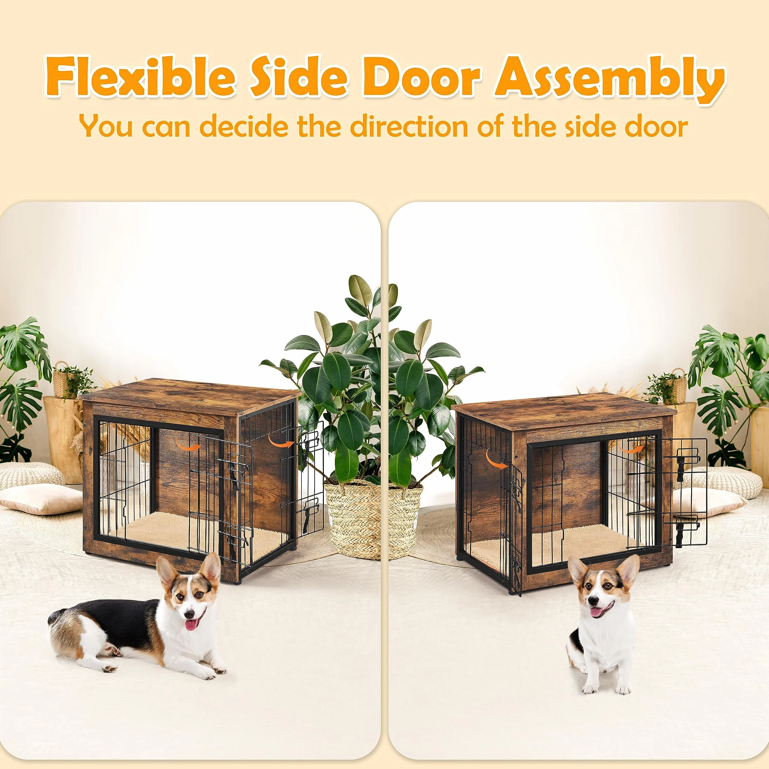 Yaheetech Jaula para perros de madera, estilo mueble, jaula para mascotas con 2 puertas y cojines, moderna caseta para perros pequeños/medianos de hasta 61 kg, 69 x 51 x 61 cm, color marrón