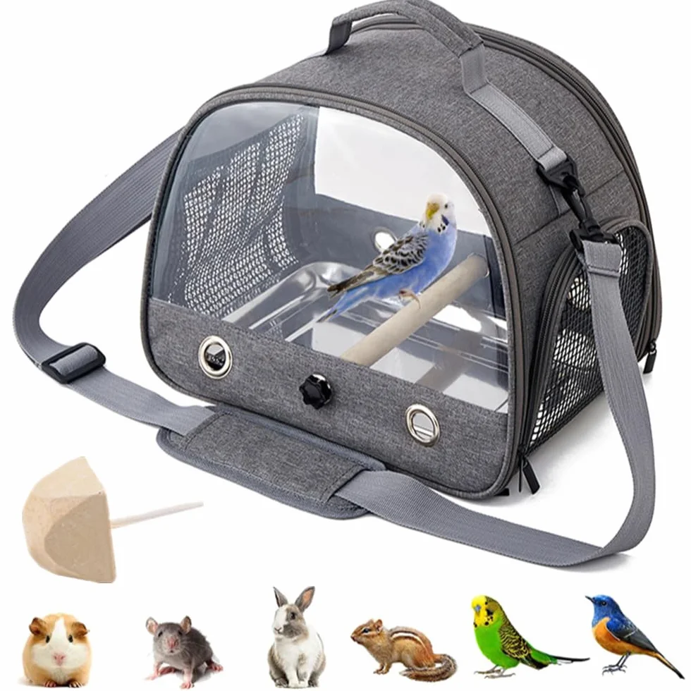 Mochila para pájaros con palo de madera, bolsa de transporte con barra de pie y bandeja de acero inoxidable, mochila ligera para loros