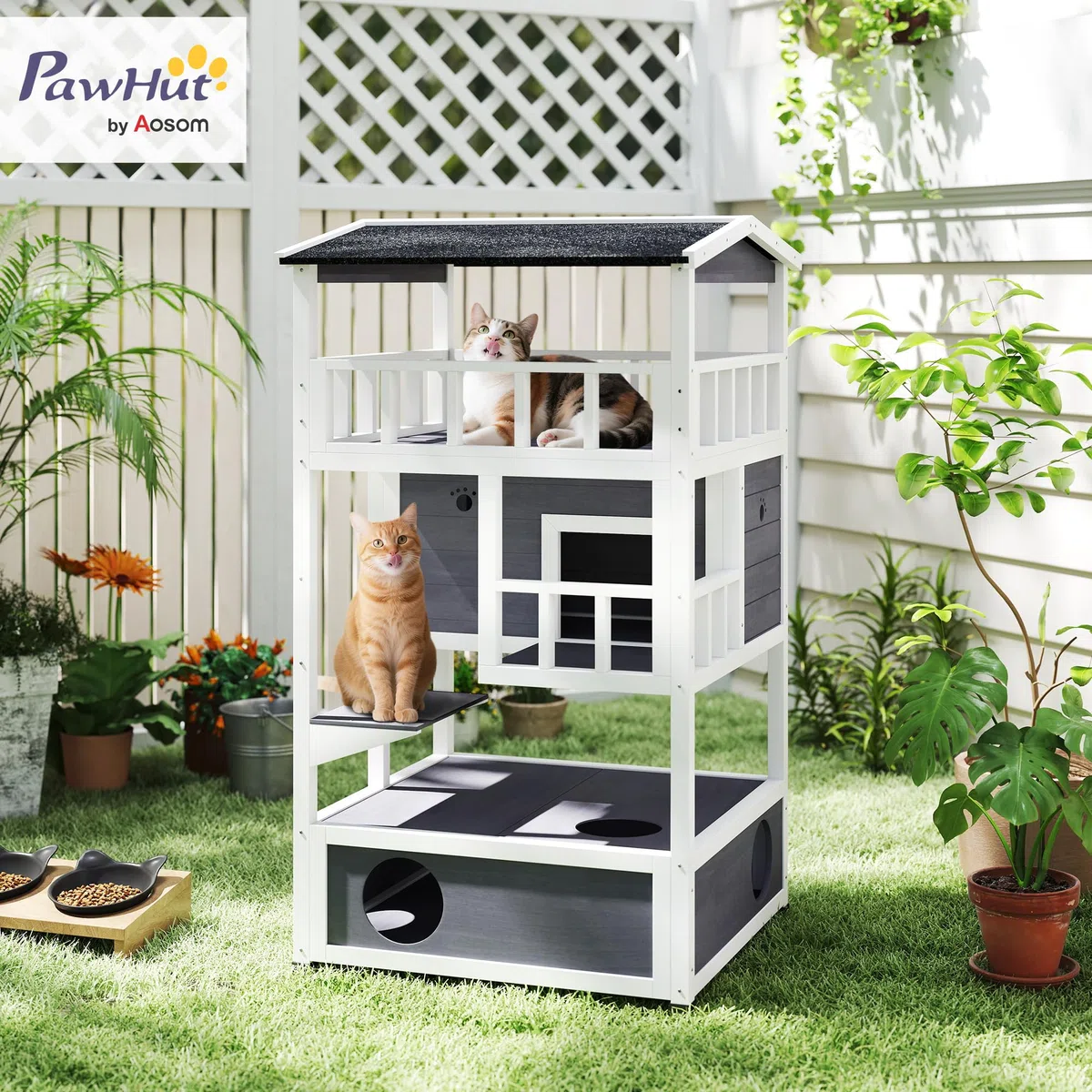 Pawhut Casa para gatos de madera de abeto con gran espacio de 4 niveles y espacio extraíble para arena, 78 x 76 x 140 cm, gris y blanco