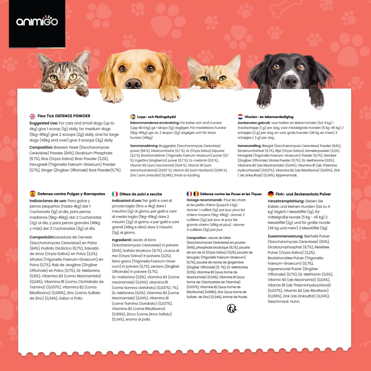 Antiparasitario en Polvo para Perros y Gatos 100g Sabor Pollo - Protección Natural Antipulgas y Antigarrapatas Muy Fácil de Suministrar Formulado con Ingredientes Naturales, Vitaminas Grupo B y Zinc