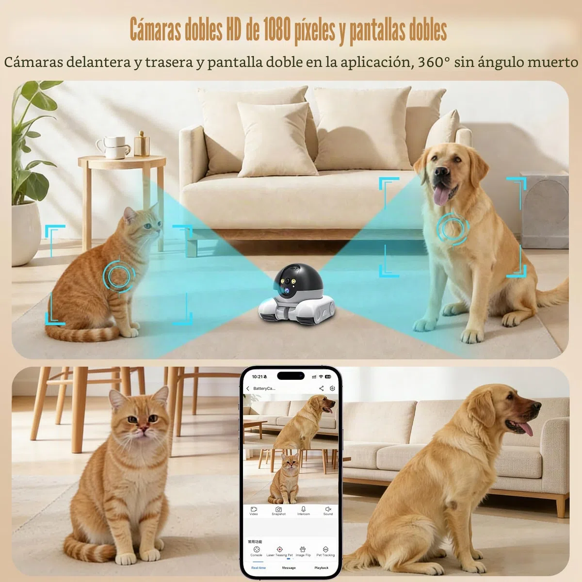 Robot Camera, 1080P Duales Cámara Robot para Mascotas con Audio 2 vías, Visión Nocturna, Reconocimiento de Movimiento, Grabación de vídeo, Control de Aplicaciones para Gatos, Perros, Bebé