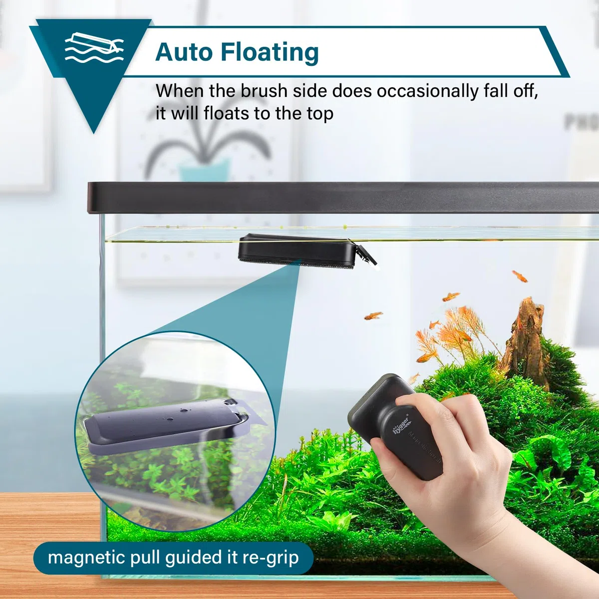hygger Cepillo Limpieza Acuario, Raspador de Algas para Acuario, Potente Cepillo Magnético Acuario de Algas, Herramienta de Limpieza con Rascador Extraíble para Piscinas de Peceras(L)
