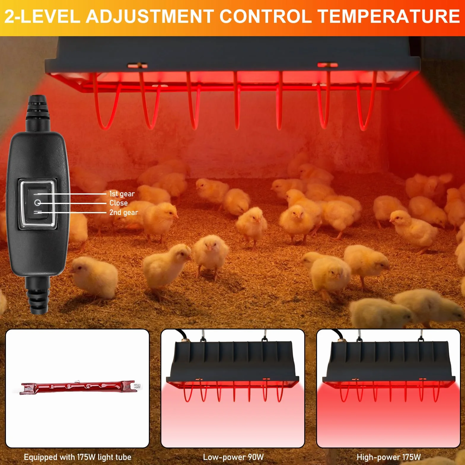 Lámpara de calor de 1,8 metros, emisor de calor, lámpara infrarroja de luz roja con interruptor, lámpara de calor para animales, lámpara de calefacción para gallineros, para pollitos etc. (175 vatios)