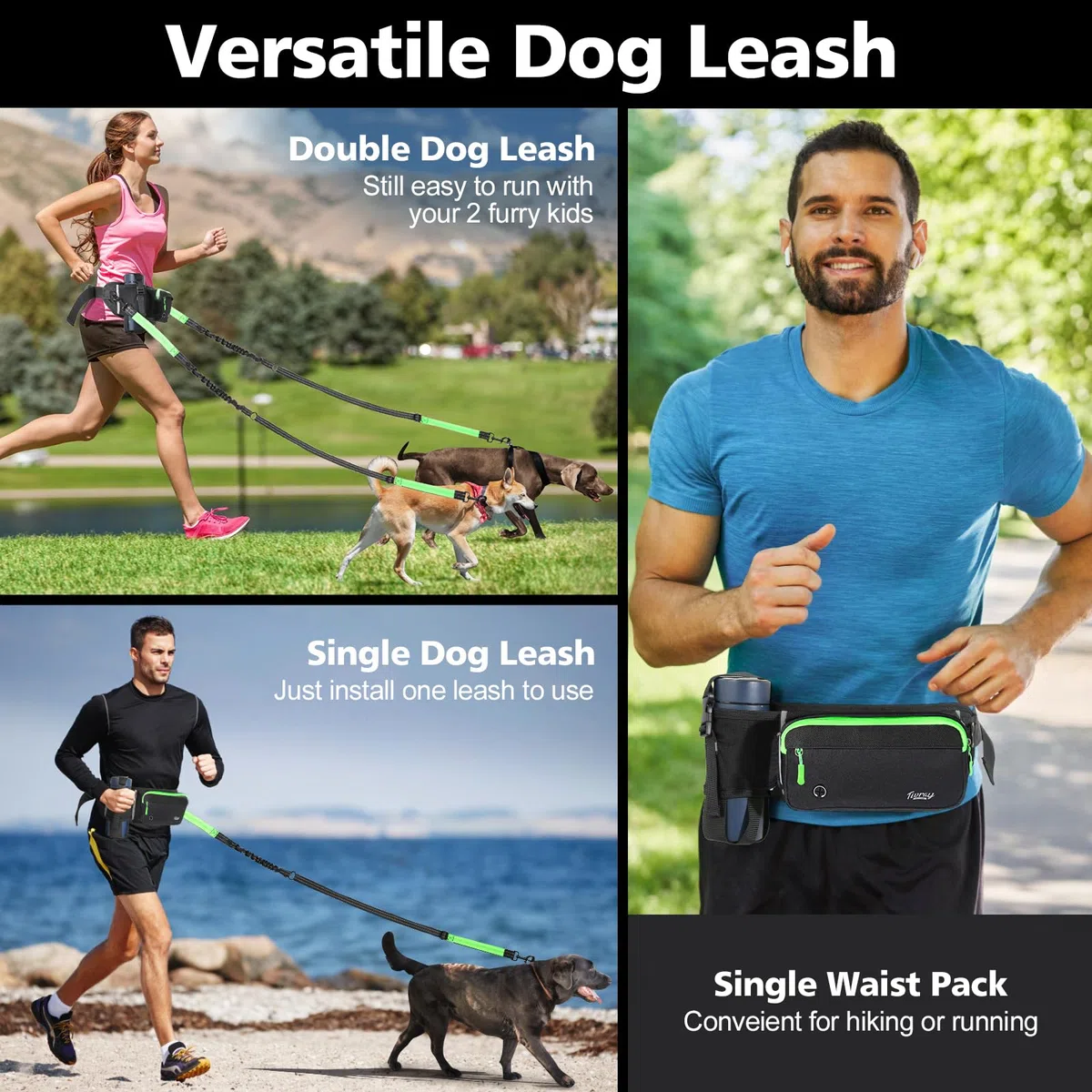 Correa para Perros Manos Libres 2 Perros, Correa de Cintura Ajustable Pasear Perro con Doble Bungees Mango Acolchado, Correa Trotar Amortiguador de Manos Actividades al Aire Libre, Negro+Verde