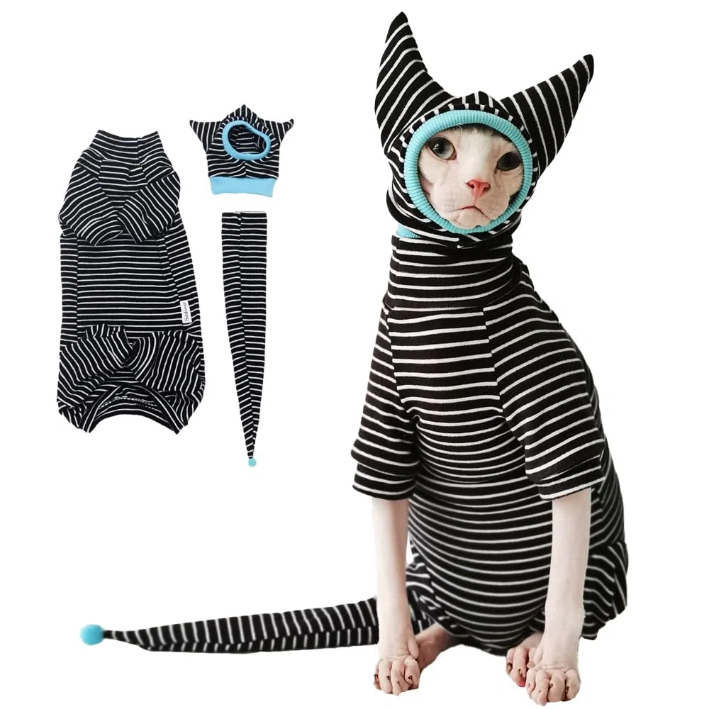 Sphynx - Conjunto de camisa transpirable con diseño de rayas negras para gatos, sombrero y camisa para mascotas, Blanco, M