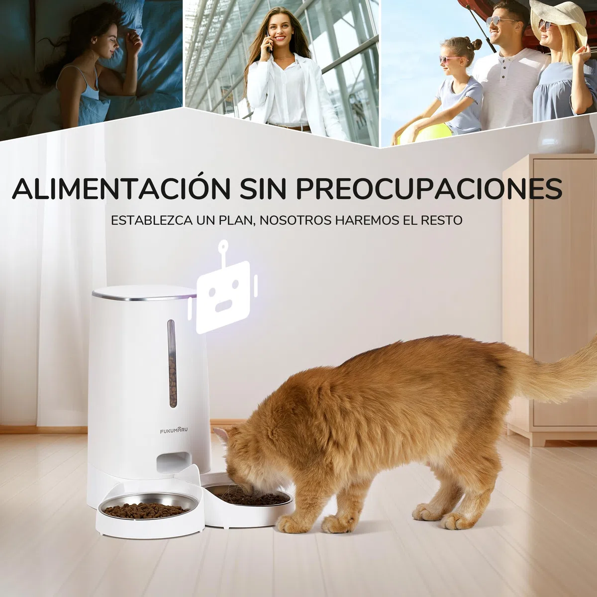 FUKUMARU Comedero Gato Automatico WiFi, 4L Dispensador Comida para Perro/Gato con Dos Cuencos, Programa Personalizado de Alimentación Automática, Funcionamiento por Pilas y cableado eléctrico, Blanco