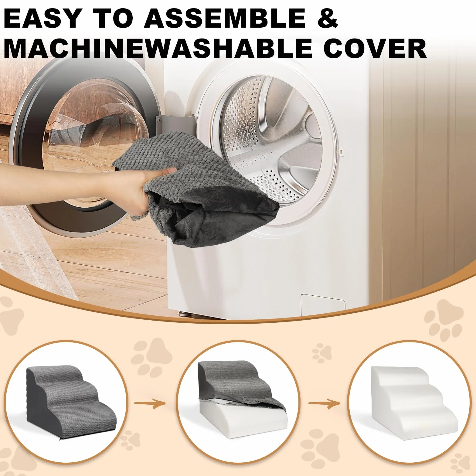 Otauoaea Escalera para Perros, Escaleras para Mascotas de Espuma de 3 peldaños para Cama/sofá, Rampa para Perros Pequeños y Gatos con Funda Lavable y Fondo Antideslizante, Enviar Rodillo de Pelusa