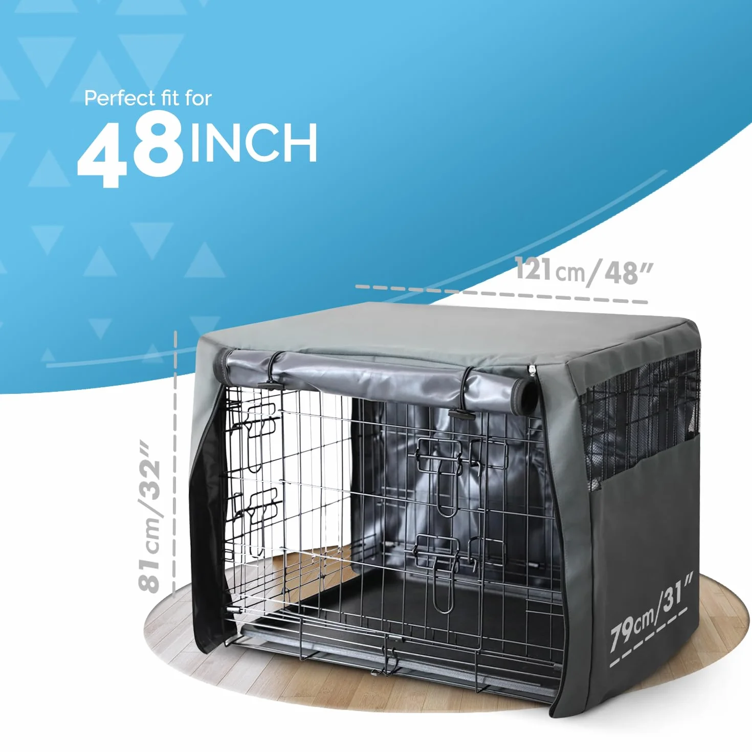 FurDreams Funda para jaula de perro de 48 pulgadas, cubierta de jaula resistente al viento para mascotas con 2 puertas (delantera y lateral) con malla de aire transpirable, caja resistente perfecta