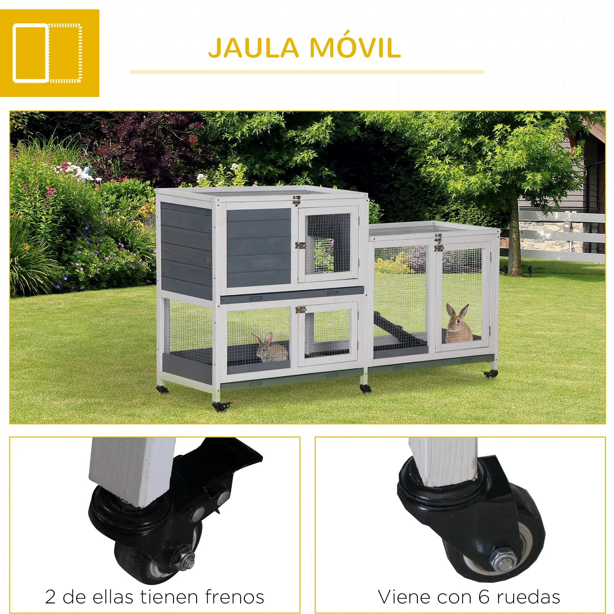 PawHut Conejera de Madera con Ruedas 147x45,5x88,5 cm Jaula para Conejos de 2 Niveles con Techo Abrible 2 Corrales de Metal 3 Bandejas Extraíbles 3 Puertas con Pestillo y Rampa Gris