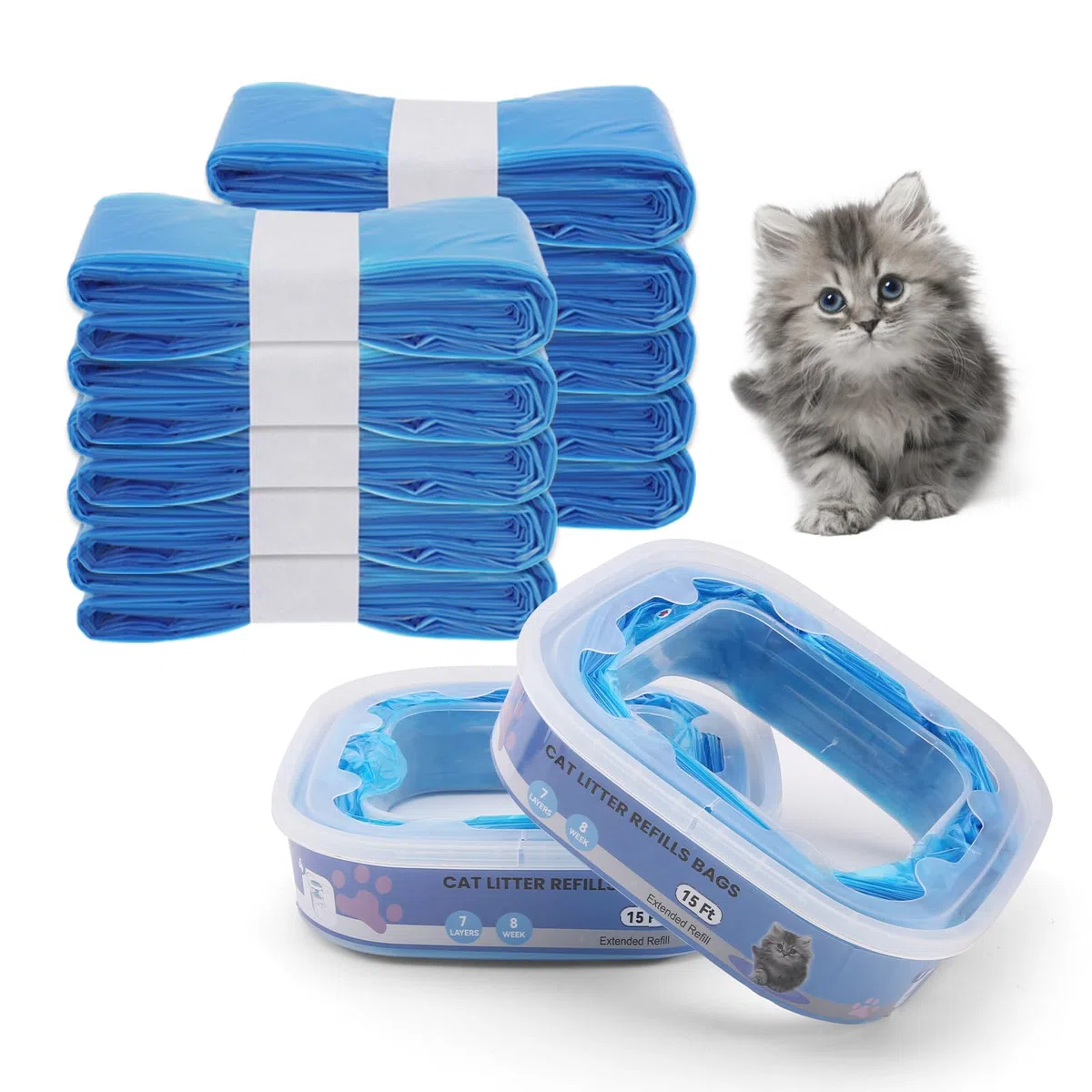 Recambios Cubos de Pañales，compatibles Litter Genie Standard, Plus,XL,Style,Bolsas de recambio para arena para gatos,Super control de olores，Azul （10 Piezas)