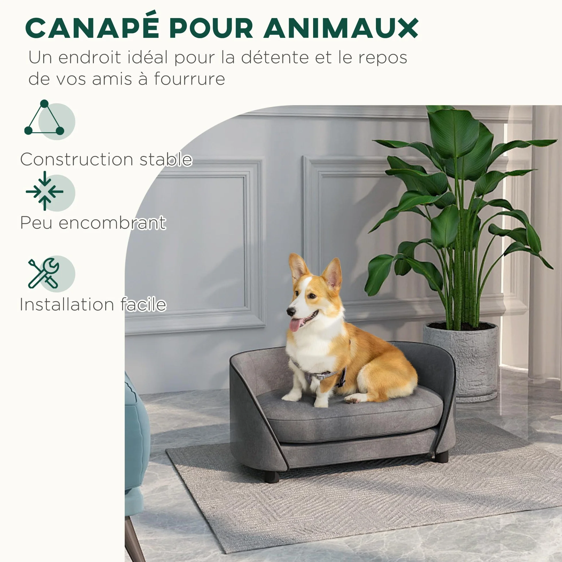 PawHut Sofá para perros, sofá para gatos, cojín mullido, funda extraíble y lavable, funda de terciopelo holandés, para perros pequeños y medianos, gris
