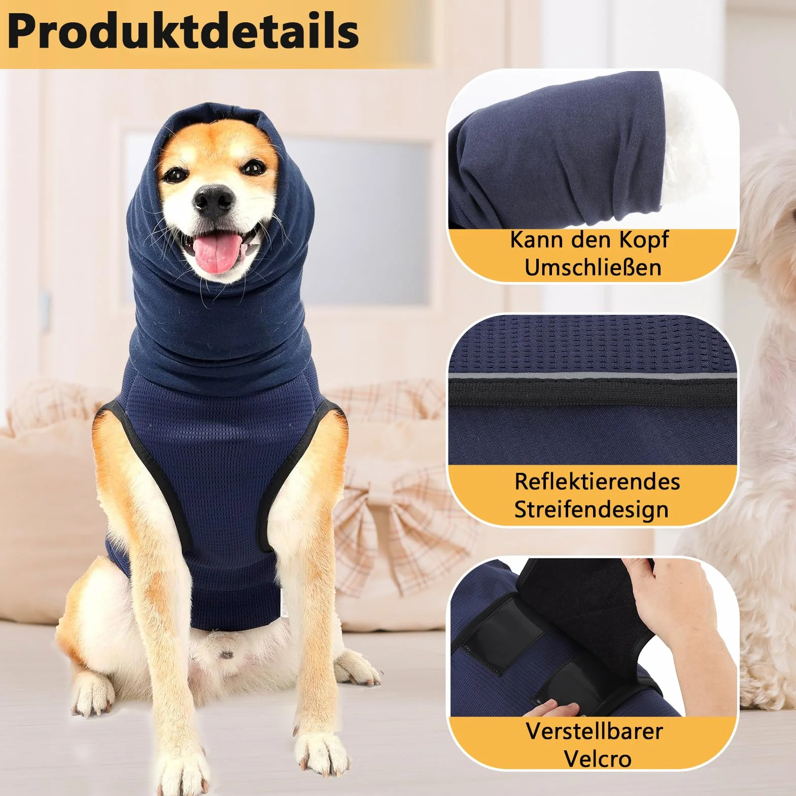 Chaleco calmante para perros, abrigo para perros con capucha calmante, abrigo para perros con protector de oídos calmante tiras reflectantes, plumas calmantes para perros para aliviar la ansiedad