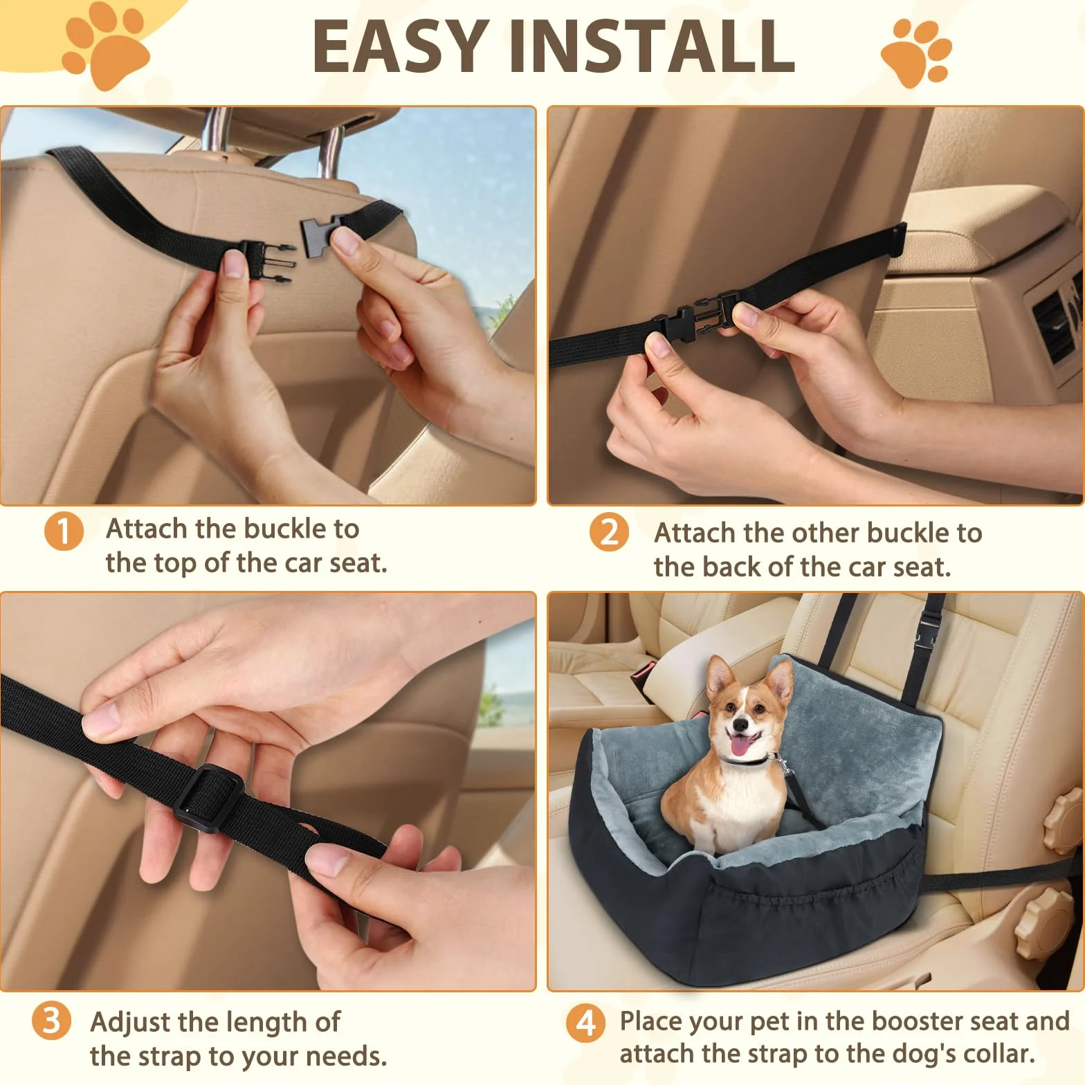Lannvan Asiento Perro Coche Pequeño, Cama Perro Coche Suave y Mullida, Asiento Coche Perro Extra Estable con Cojín Desmontable y Lavable, Correa de Seguridad y Bolsillos Laterales para Guardar Cosas