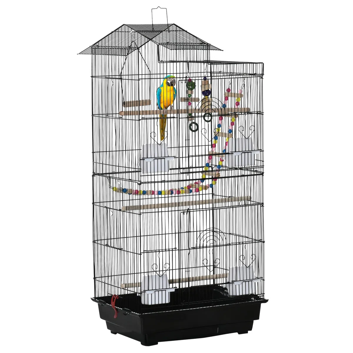 PawHut Jaula para Pájaros Pajarera con Múltiples Puertas 4 Comederos 3 Perchas Columpio Escaleras y Bandeja Extraíble para Loros Canarios Periquitos 46x36x100 cm Negro