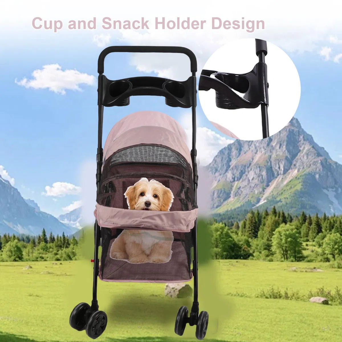 Carrito para Perros de 4 Ruedas, Joggador Plegable con Cubierta Solar, Portavasos, Almohadilla y Bolsa Trasera, Malla Transpirable