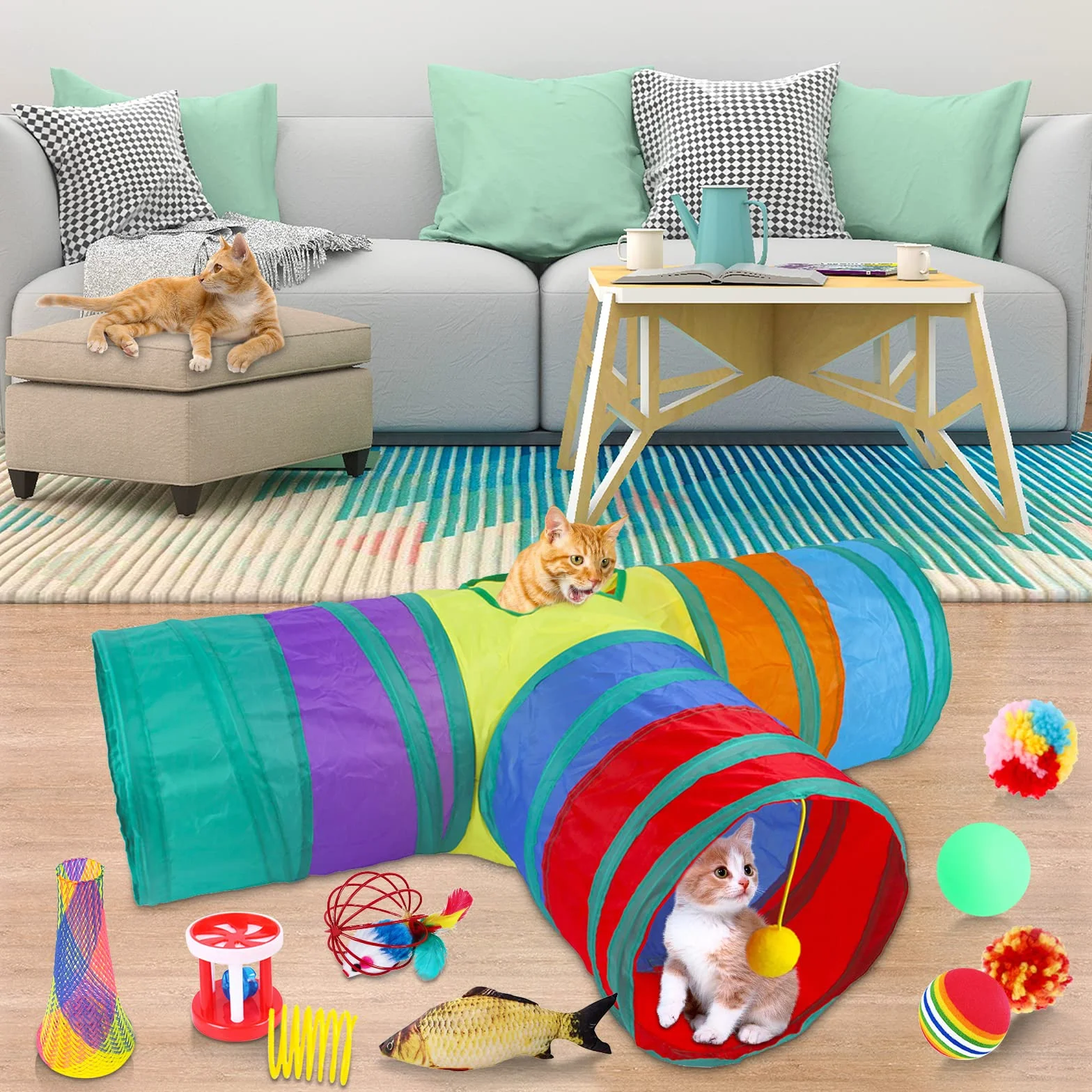 Juguetes Gat,35pcs Juguete para Gato con Túnel,Juguetes para Gatos Interactivos Juegos Gatito,Pescado,Ratón,Pluma,Pelota,Palo de Gato Divertido,Kit de Juguetes interactivos para Gatos