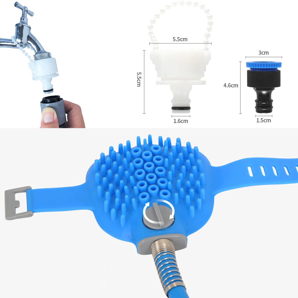 2 en 1 Kit ducha para perros gatos, Alcachofa de ducha para mascotas, Herramienta de baño para mascotas con cepillo, manguera de PVC de 2m y 2 adaptadores de manguera para perros y gatos