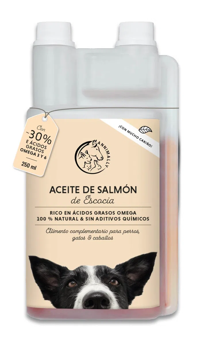 Annimally Aceite de Salmón Escocés para Perros, Gatos y Caballos 1 Litro - con 30% de Ácidos Grasos Omega 3 y 6 - Aceite de Pescado para Dieta Barf - Producto Natural Puro
