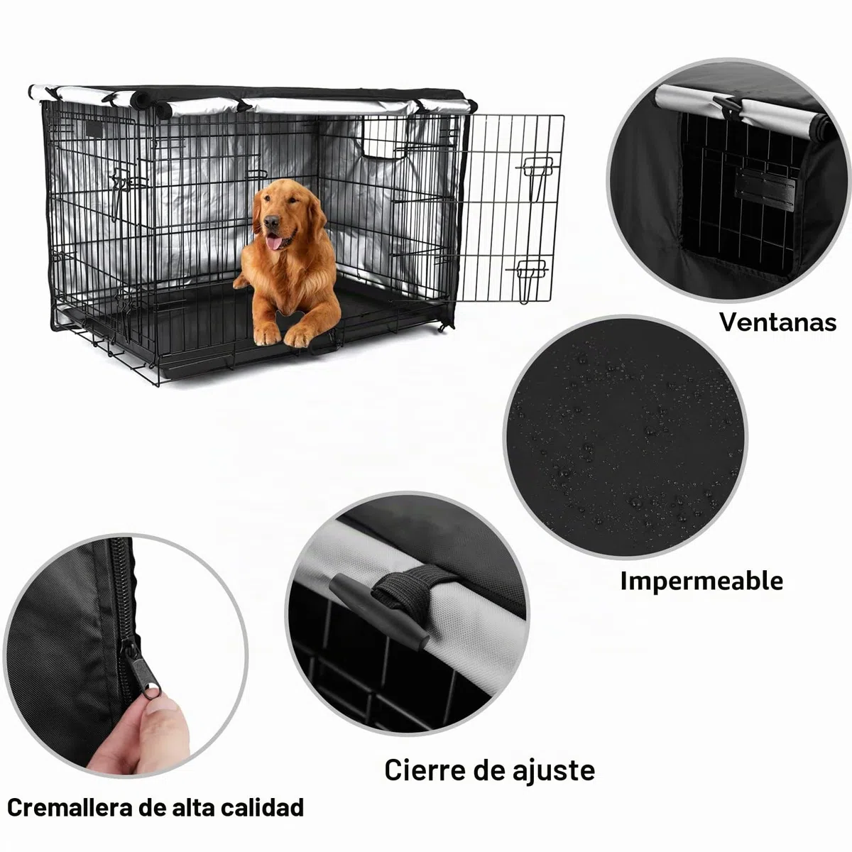 Cubierta de Jaula Perro Impermeable Doble Puerta para Perros Prueba de Vientos Durable 420D de poliéster Jaula protección Interior al Aire Libre Cubierta Negro 48 Pulgadas