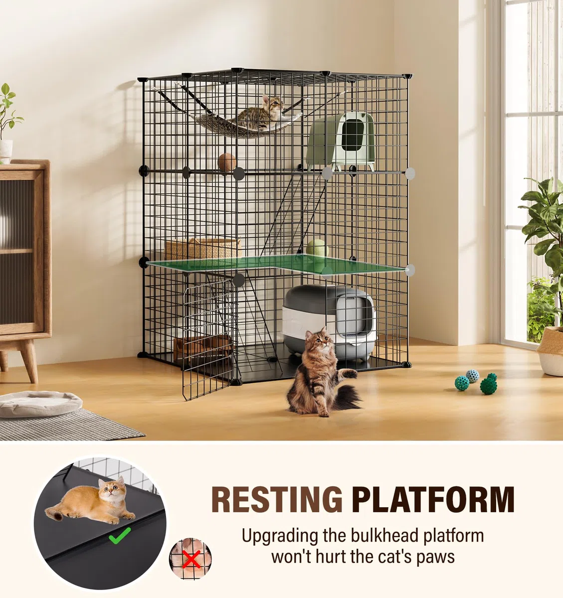 The Fellie Jaula para gatos para interiores, caja de parque de juegos de 3 niveles, jaula para gatos, corralito desmontable de alambre de metal, lugar de ejercicio grande ideal para 1-2 gatos,