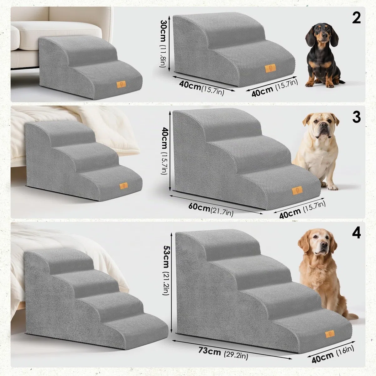 Thihome Escalones para Perros, Escalera Mascotas de Espuma 2 Escalones, Rampa para Perros con Funda Extraíble y Lavable, Escalera Perro para Sofá o Cama, 40x30x40cm, Gris