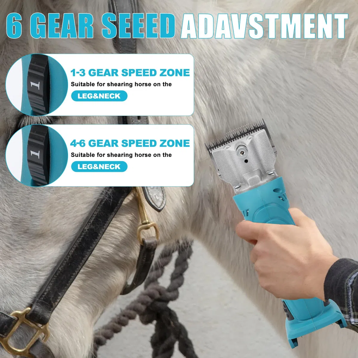Roadtime Esquiladora Caballos Compatible con makita 18v batería,2500 PRM/MIN Profesional Maquina pelar Caballos para Ovejas Ganado Animales con motor potente, Control de 6 velocidades (Sin batería)