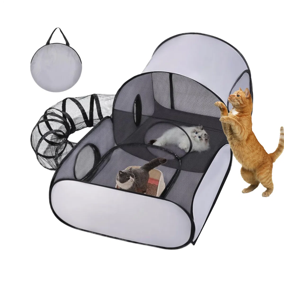 Parque Para Gatos Exterior,Caseta Tienda y Corralito Para Mascotas | Recinto Plegable Con Túneles de Juguetes Interactivos, Accesorios de Ejercicio Para Mascotas en Camping, Exterior, Interior y Viaje