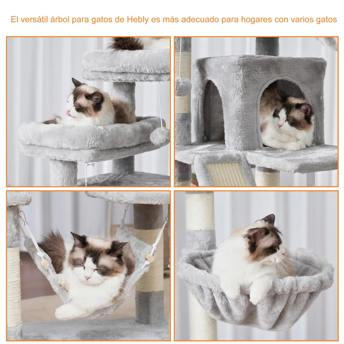 Heybly Rascador para Gatos, Torre De 180 cm, 2 Plataformas, 2 Cabañas, 2 Hamacas, Panel para Arañar. Gran Mueble para Gatos con Espacio De Dormir, Gris Claro HCT034W