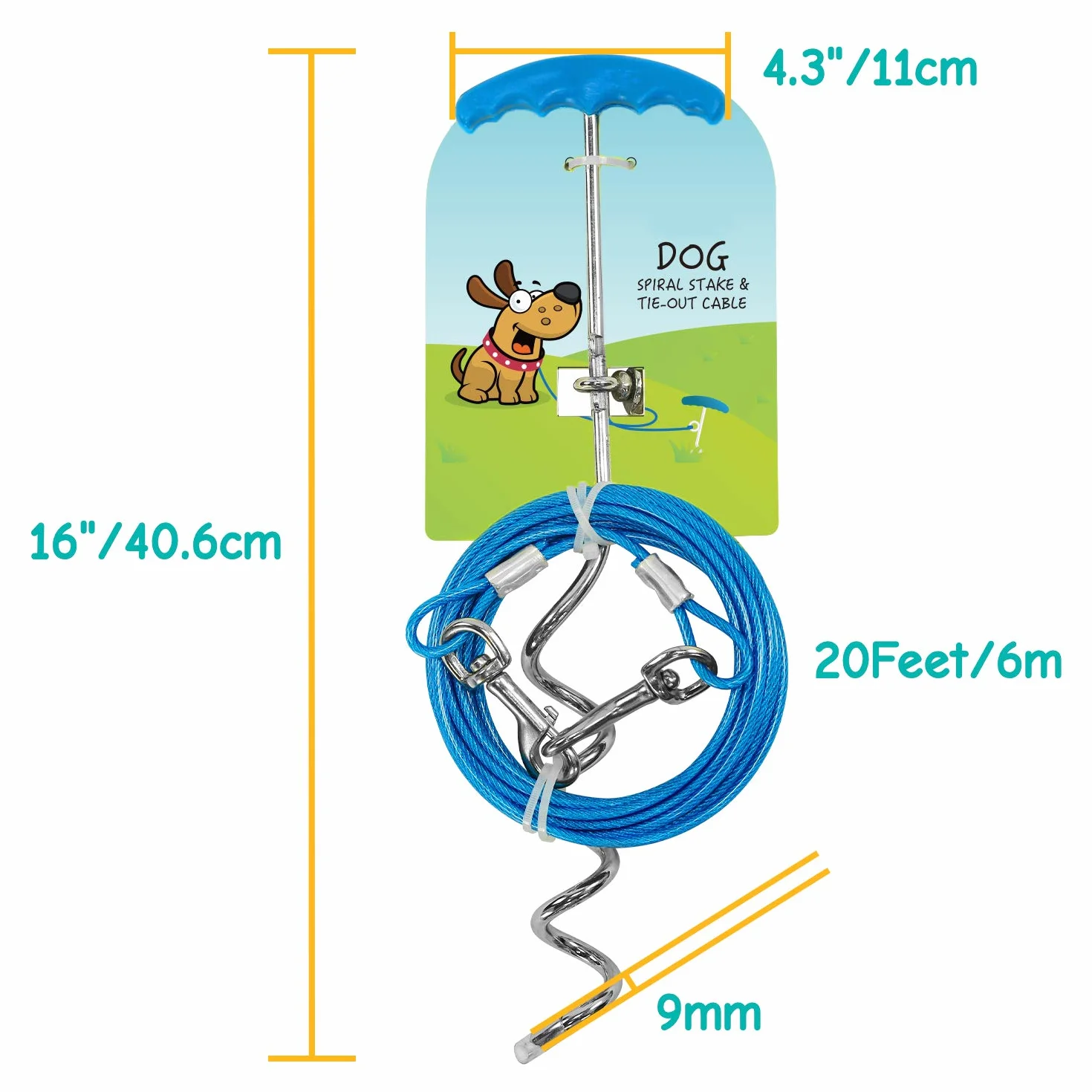 Petphabt - Cable de amarre resistente para perros de 6 m con espiral de perro de 16 pulgadas en estaca de tierra para cachorros y mascotas al aire libre (verde azulado)