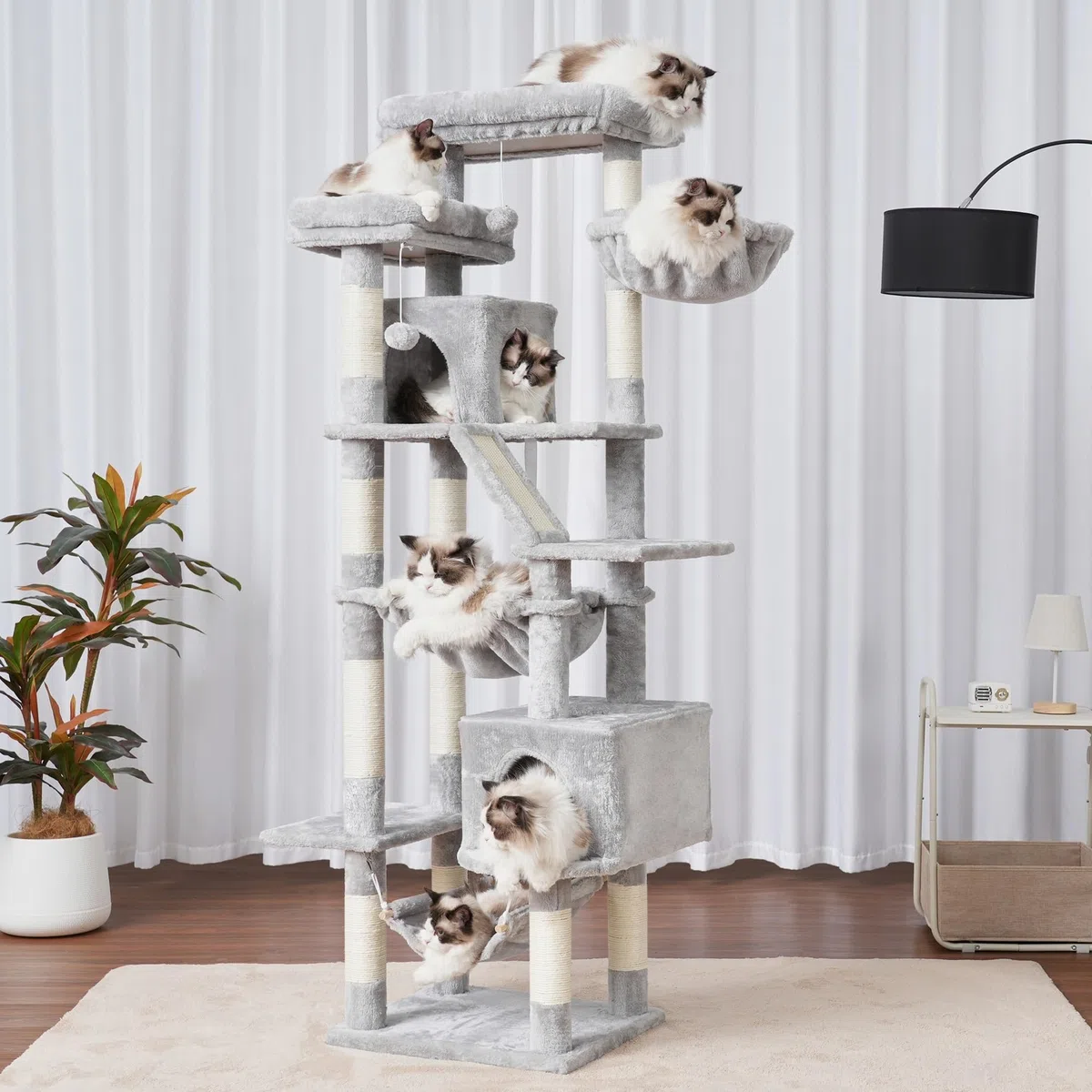 Heybly Rascador para Gatos, Torre De 180 cm, 2 Plataformas, 2 Cabañas, 2 Hamacas, Panel para Arañar. Gran Mueble para Gatos con Espacio De Dormir, Gris Claro HCT034W