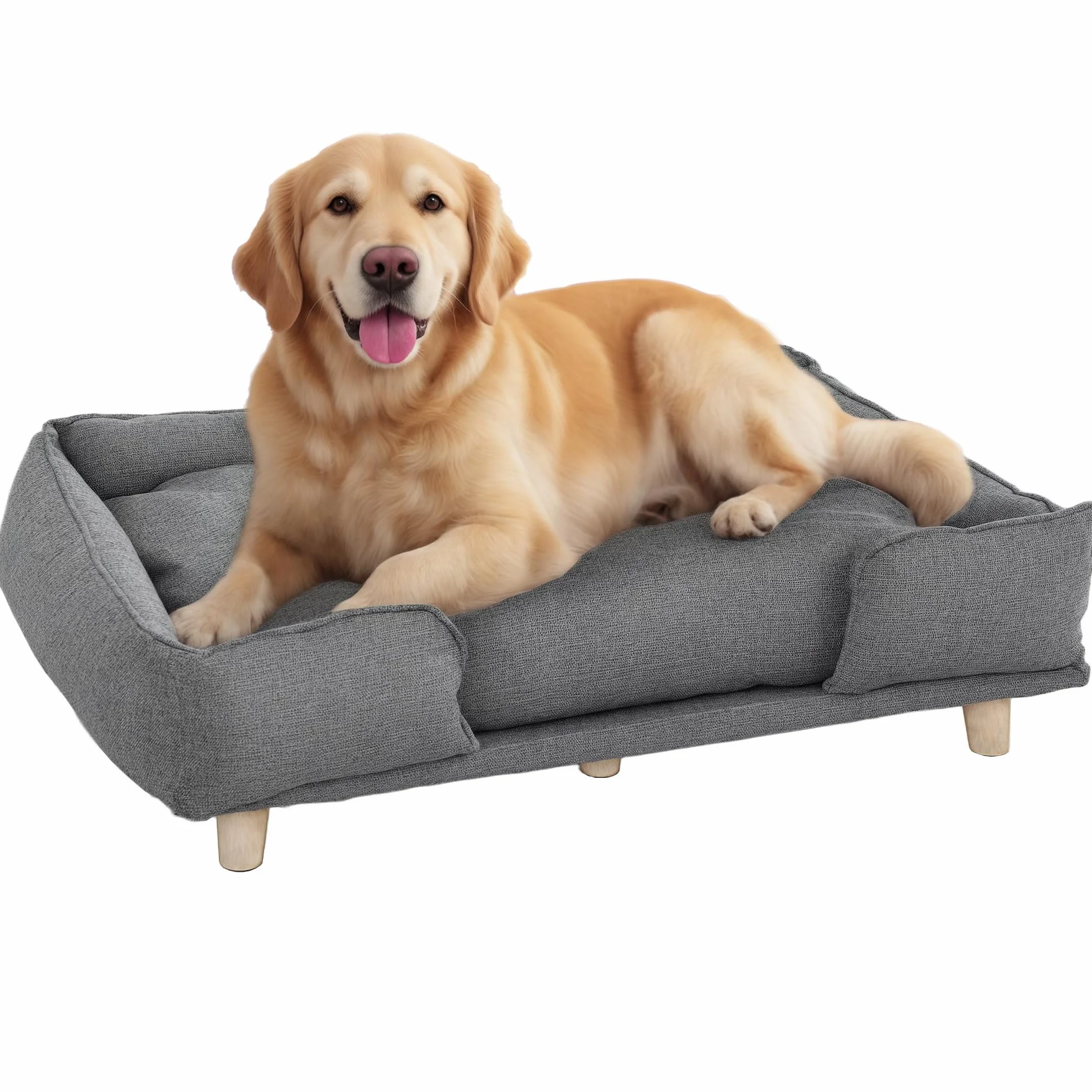 PawHut Sofá para perros con respaldo, patas de madera, cama para perros con poliéster, sofá para mascotas y gatos, para perros grandes de hasta 30 kg y 60 cm de altura de hombro, 96 x 66 x 24 cm