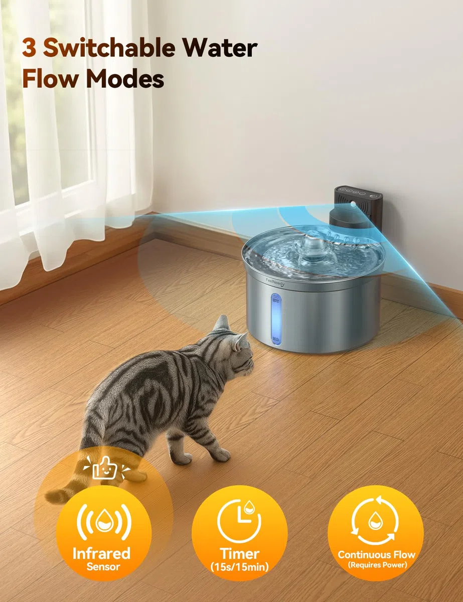 Fuente de Agua para Gatos Inalámbrica Inteligente con Sensor FEELNEEDY FN-W19 3.5L, Separación Agua-Batería 4000mAh, Bebederoen Acero Inoxidable 304, 3 Modos, 1 Filtro de Carbón Activado