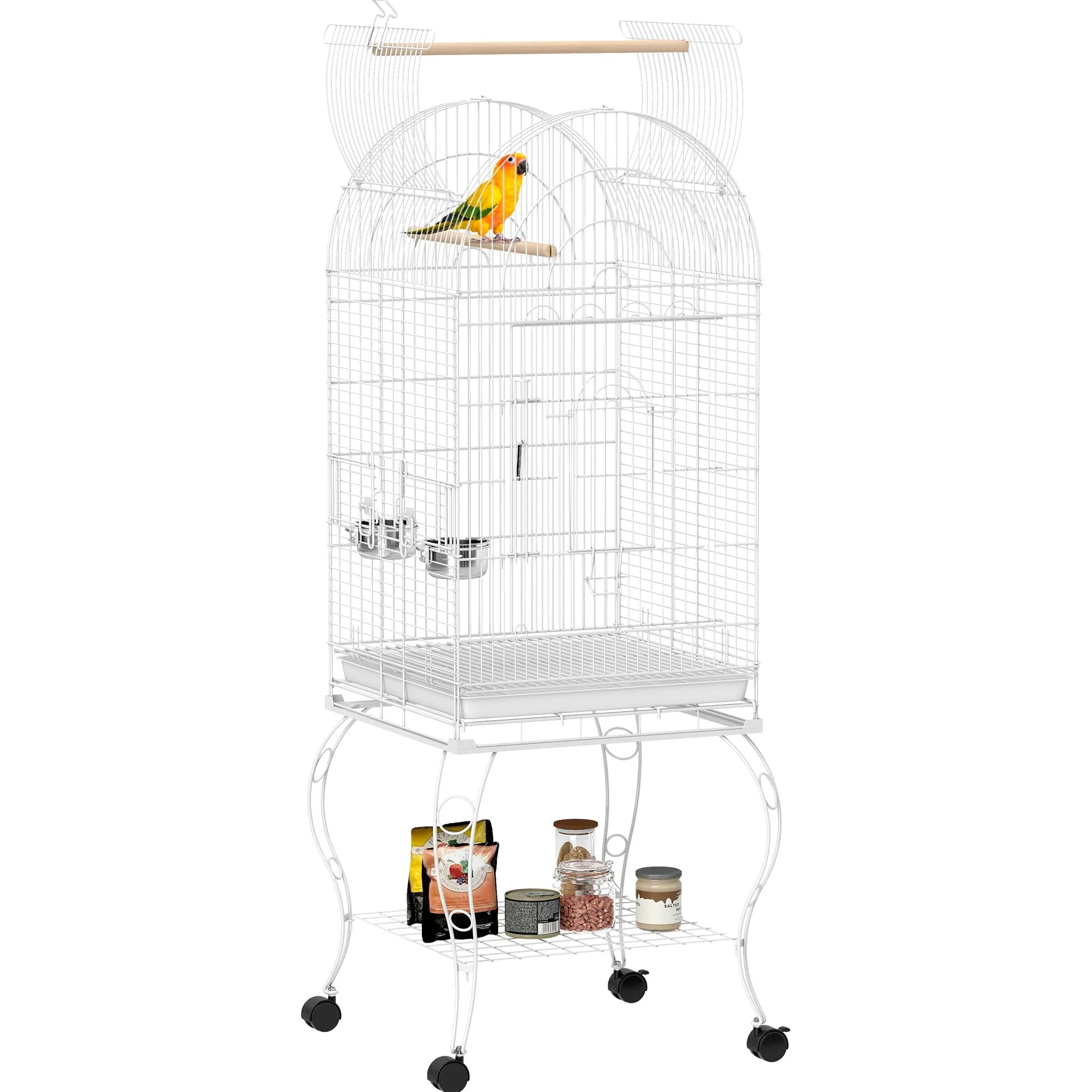 PawHut Jaula para Pájaros con Ruedas y Estante, 51x51x153 cm, Jaula Grande con Parte Superior Abatible, 2 Comederos, 2 Perchas, 4 Puertas y Bandeja Extraíble, para Loros y Canarios, Blanco