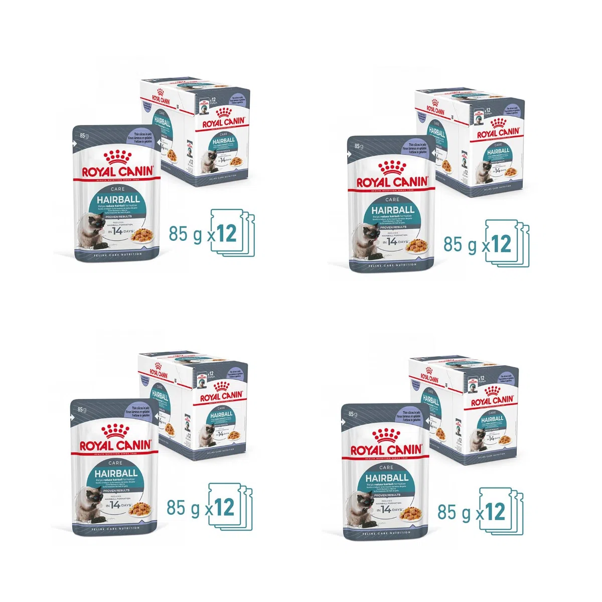Royal Canin Hairball Care Jelly | Paquete de 4 | 4 x 12 x 85 g | Alimento Completo para Gatos (trozos Finos en gelatina) | Puede Ayudar a Reducir la formación de Bolas de Pelo
