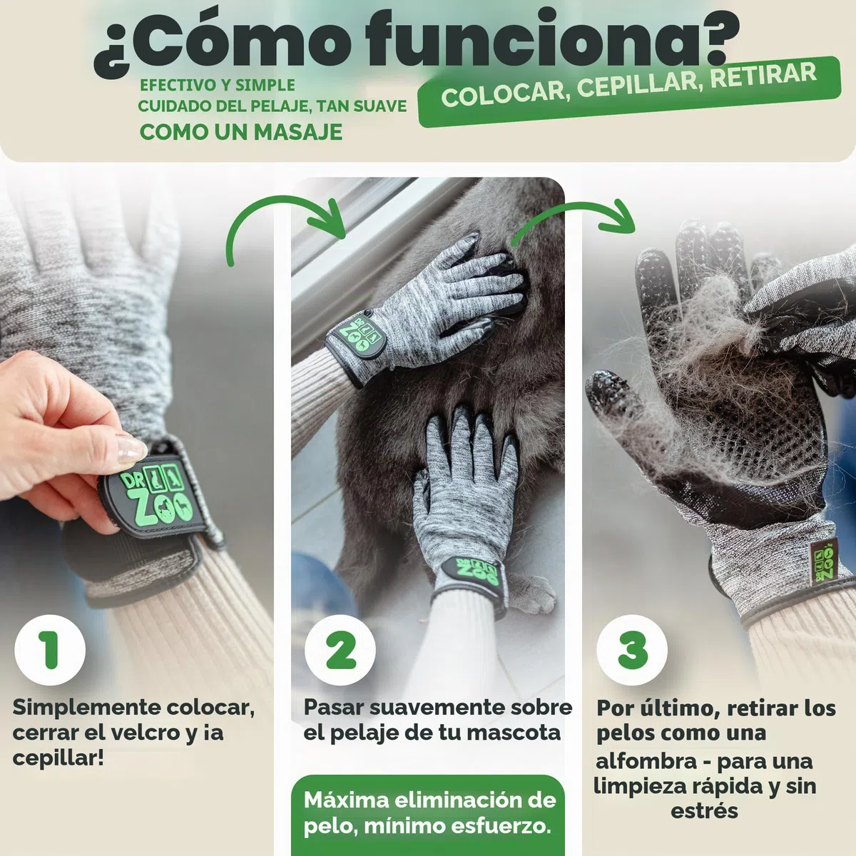 Guantes profesionales de aseo Dr. Zoo para cualquier mascota con pelo corto, mediano y largo; se pueden utilizar como cepillo de perro/gato/caballo o peine de curry; guante de aseo para eliminar el