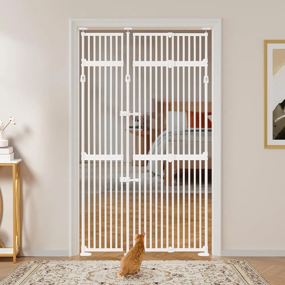 unipaws Puerta para mascotas de 218 cm extra alta, ajustable y extensible (218–250 cm A × 89–129 cm L), con 3 barras de soporte, cerradura doble, montaje a presión, sin necesidad de perforar