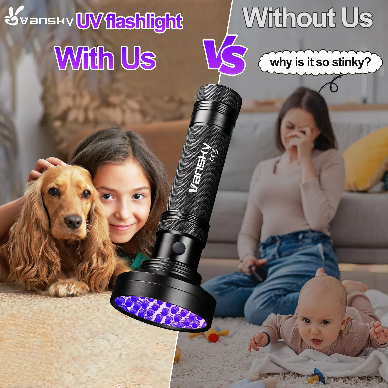 Vansky Lámpara UV de luz negra, linterna de 395 nm: luz UV con 100 LED UV para mascotas, detector de orina, lámpara de luz negra para manchas secas de sus perros, gatos y roedores en alfombras