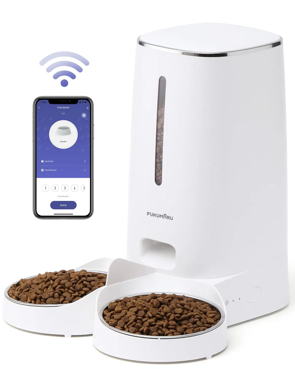 FUKUMARU Comedero Gato Automatico WiFi, 4L Dispensador Comida para Perro/Gato con Dos Cuencos, Programa Personalizado de Alimentación Automática, Funcionamiento por Pilas y cableado eléctrico, Blanco