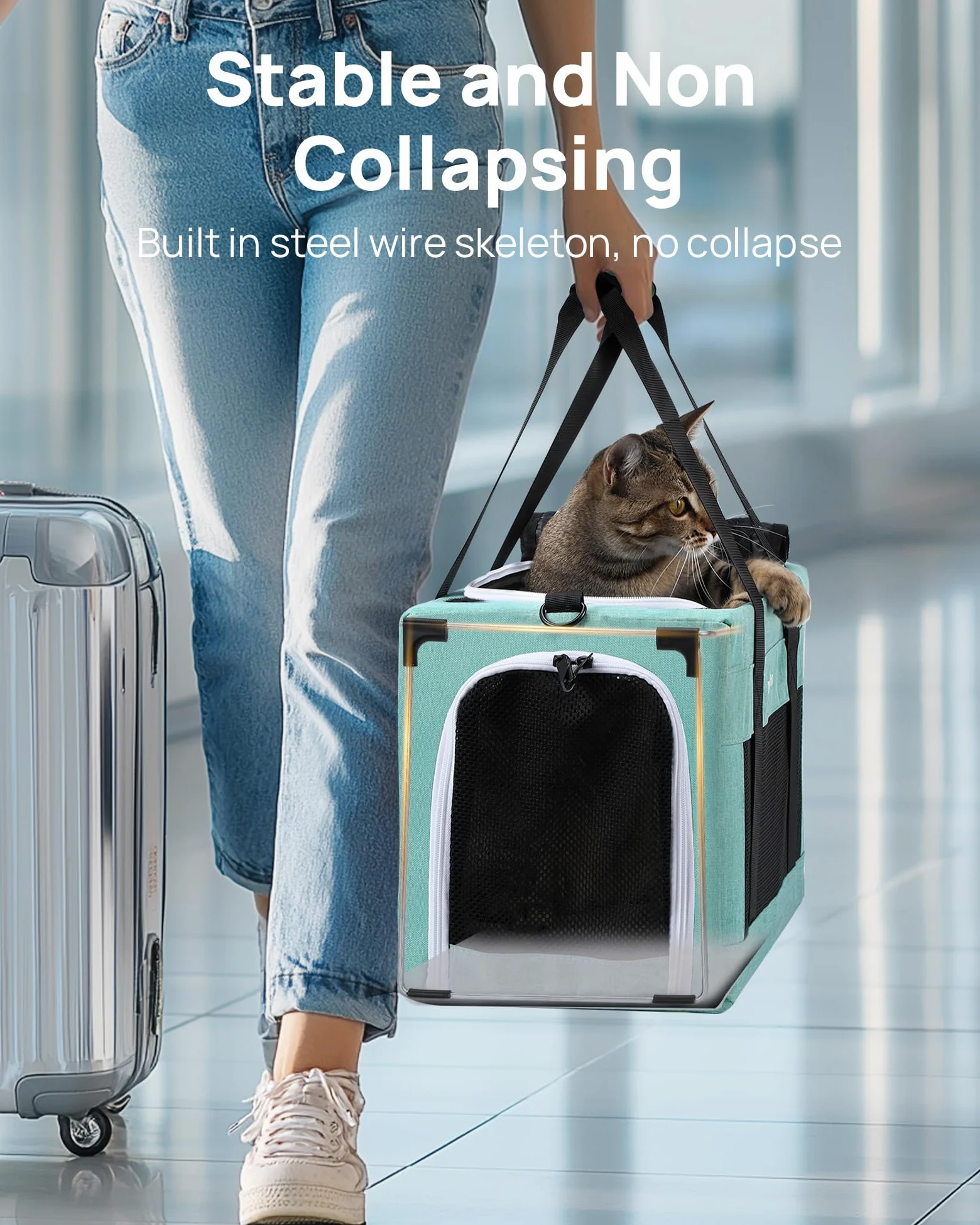 Pecute Transportin Gato Aviones permitidos, Estructura de Alambre de Acero Engrosado de 5 mm, Transportin Perro Pequeño con Parasol, Adecuada para Gatos y Cachorros de hasta 5 kg/11 Libras,Azul Lago
