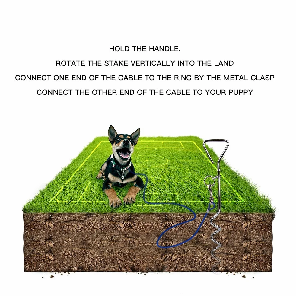 Correa De Perro (3 M / 5M / 10M) con Espiga De Estaca En Tierra Espiral De 46 cm- Salida para Patio Al Aire Libre Y Acampada - Perros PequeñOs A Medianos (3M, Azul)
