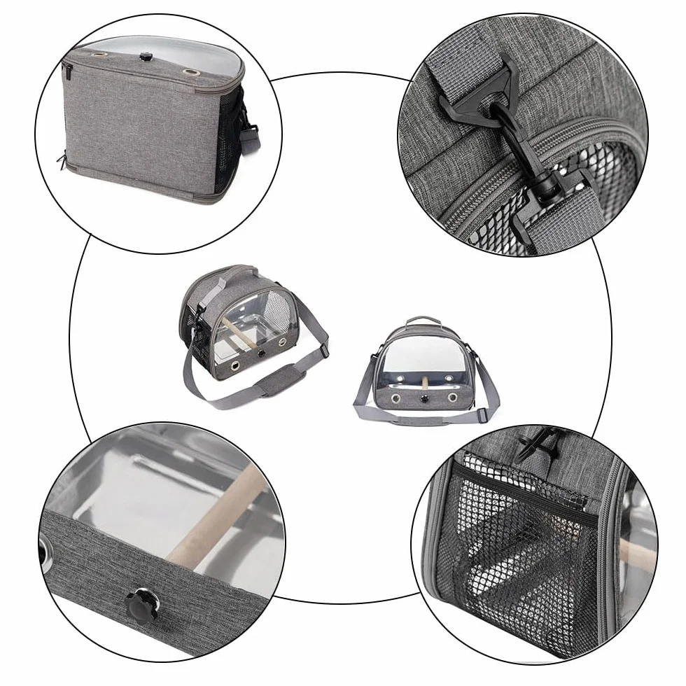 Transportador de viaje gris para pájaros con soporte y bandeja de acero inoxidable, jaula de viaje transparente y transpirable para mascotas, transportador portátil para loros pequeños
