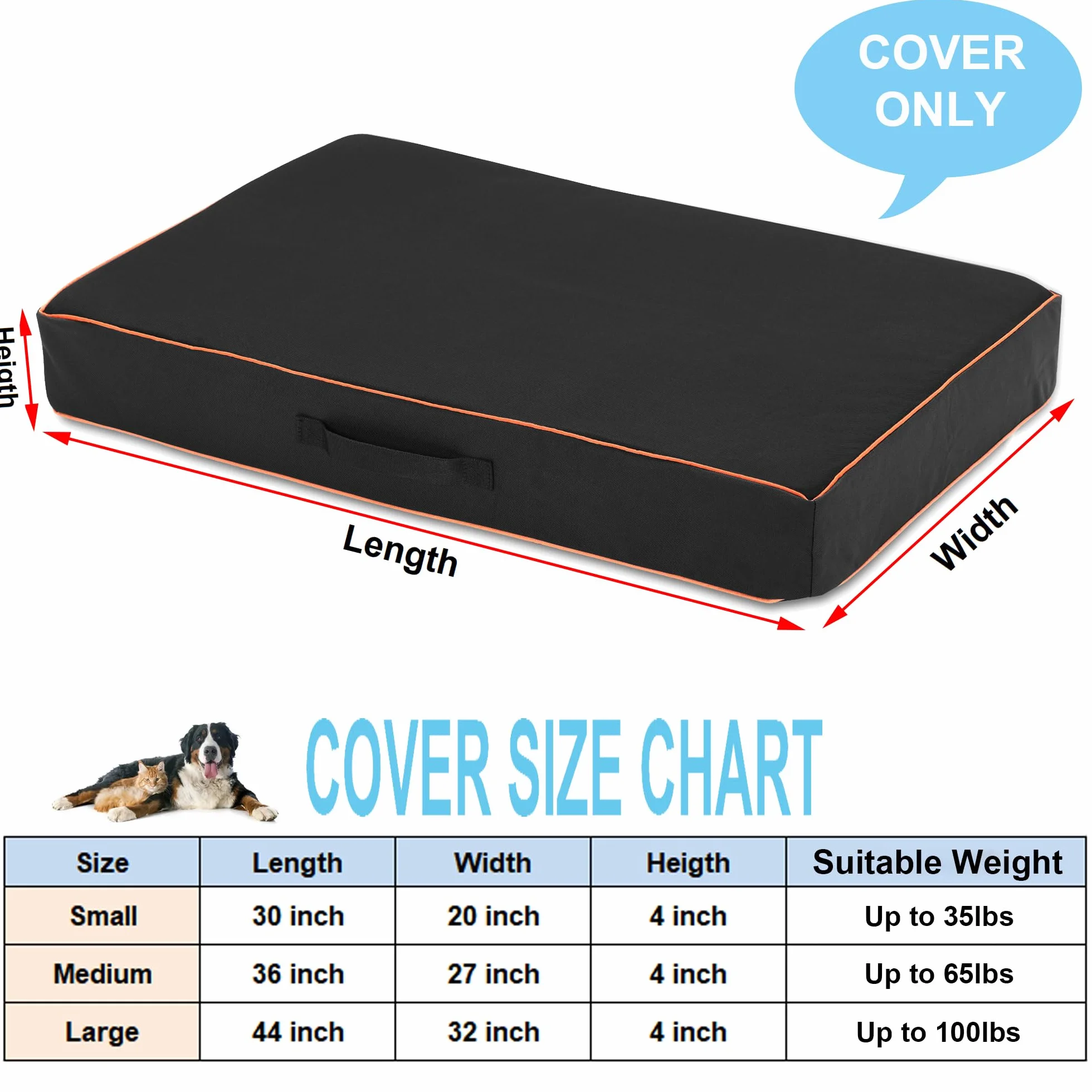 Leberna Funda impermeable para cama de perro, lavable, resistente, duradera, Oxford, universal, funda protectora de repuesto para cama de perro (negro, grande (44 pulgadas de largo x 32 pulgadas de