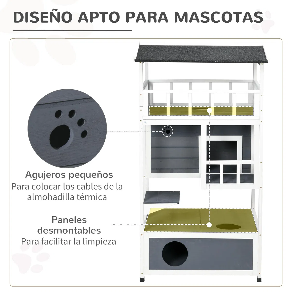 Pawhut Casa para gatos de madera de abeto con gran espacio de 4 niveles y espacio extraíble para arena, 78 x 76 x 140 cm, gris y blanco
