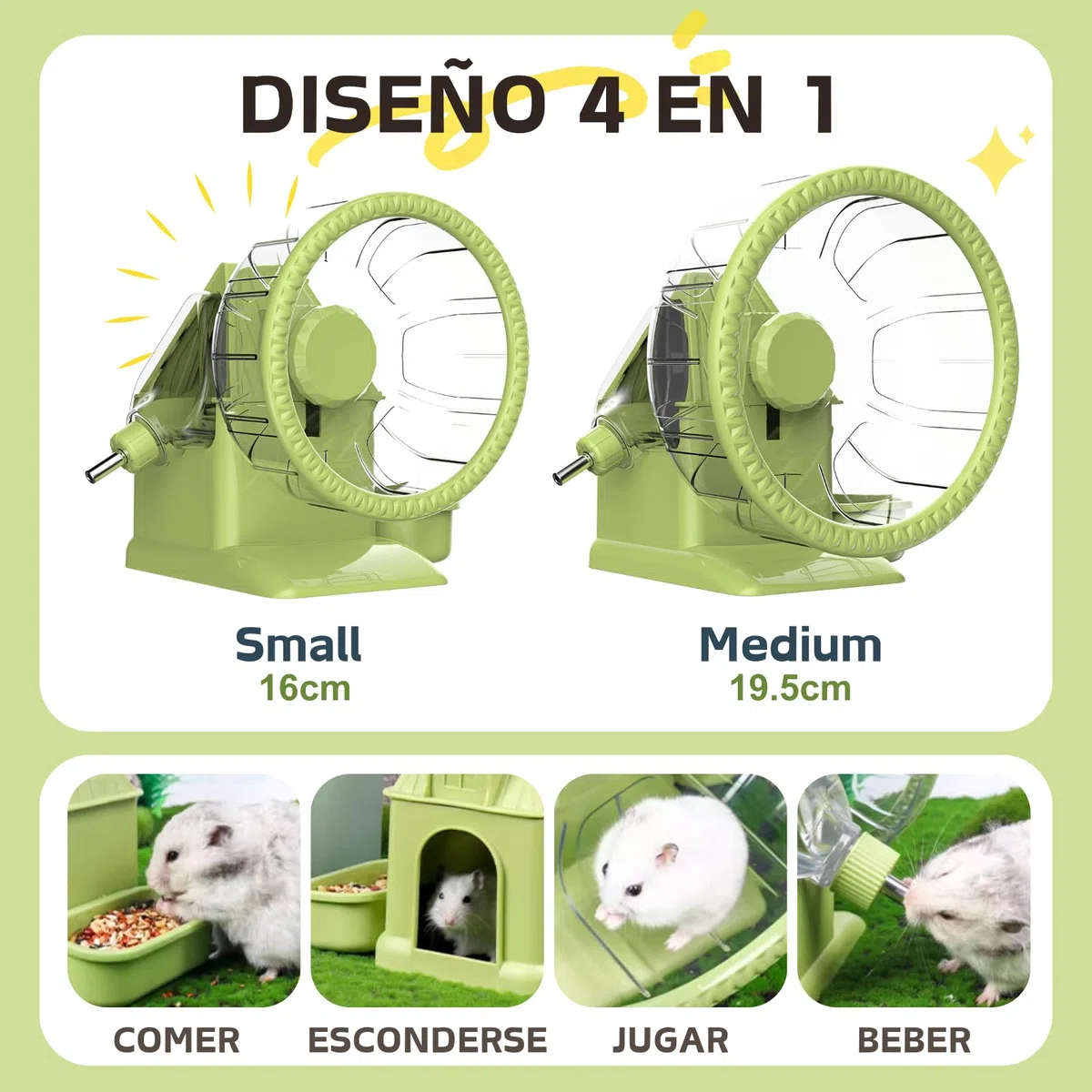 Rueda 4 en 1 para Hámster, Casa de Hámster con Rueda de Carreras, Cuenco de Comida, Botella de Agua y Escondite, Juguetes de Carreras y Ejercicio para Pequeños Animales (Verde, 16cm)